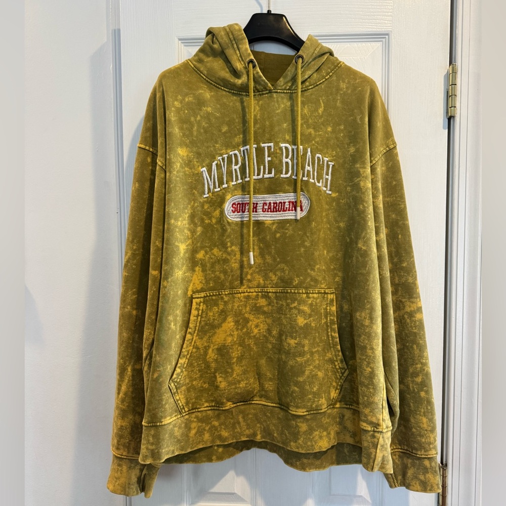 Myrtle Beach South Carolina Olive Green Mustard Acid Wash Hoodie Vacation Size L - Picture 2 of 6